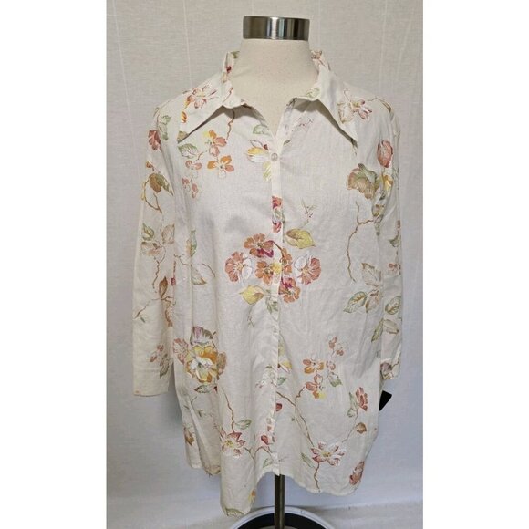 Womens Linen Blend Button Down Shirt Size 2X Harve Benard White Floral Print - Picture 1 of 6